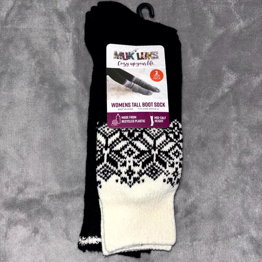 Muk Luks Cozy Up Your Mid Calf Tall Boot Socks Women OS (6-11) Black 2 Pair Pack